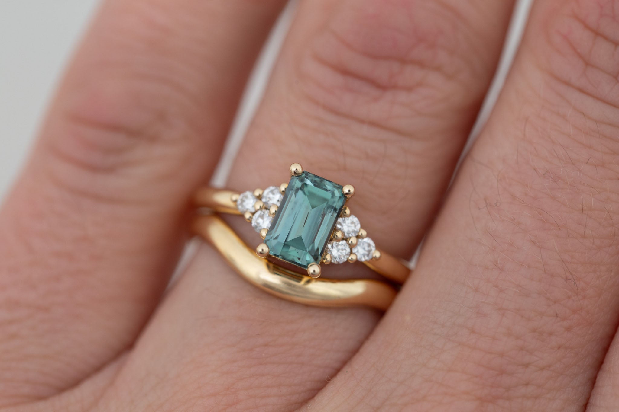 Verona Ring | Teal Emerald Cut Sapphire + Round Diamond Accents Engagement Ring 1.72 ct | 14k Recycled Gold | One of a Kind
