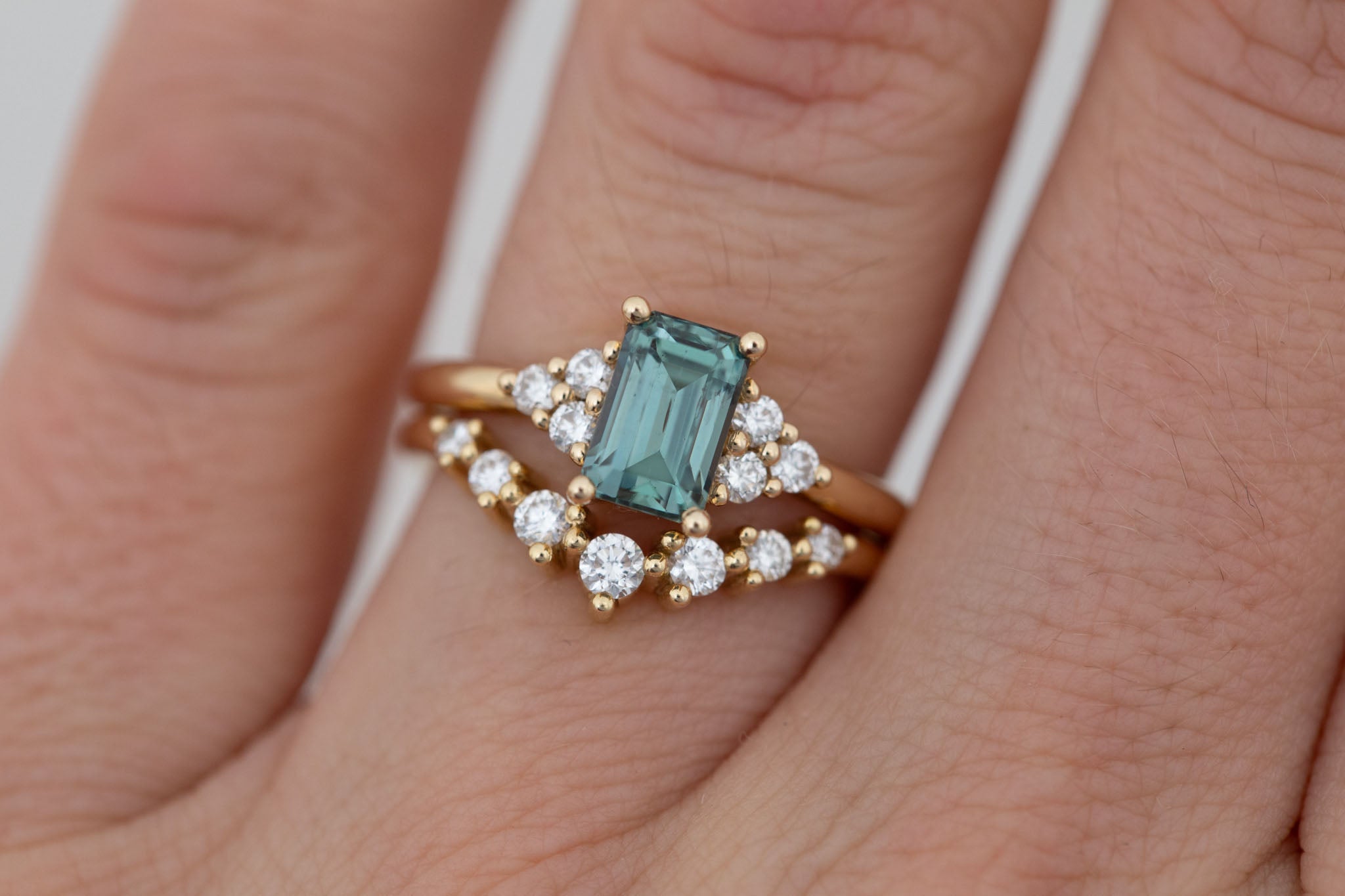Verona Ring | Teal Emerald Cut Sapphire + Round Diamond Accents Engagement Ring 1.72 ct | 14k Recycled Gold | One of a Kind