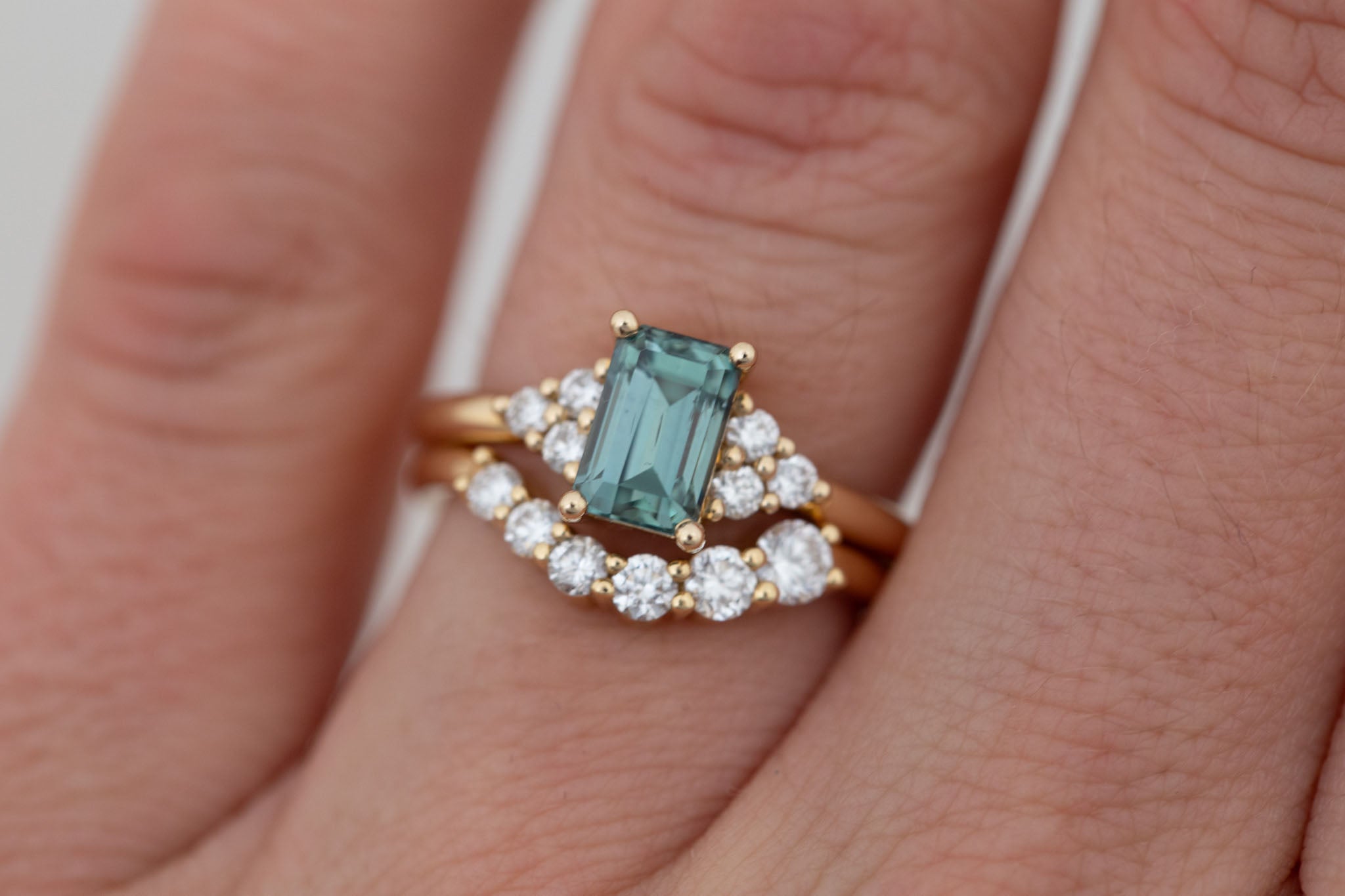 Verona Ring | Teal Emerald Cut Sapphire + Round Diamond Accents Engagement Ring 1.72 ct | 14k Recycled Gold | One of a Kind