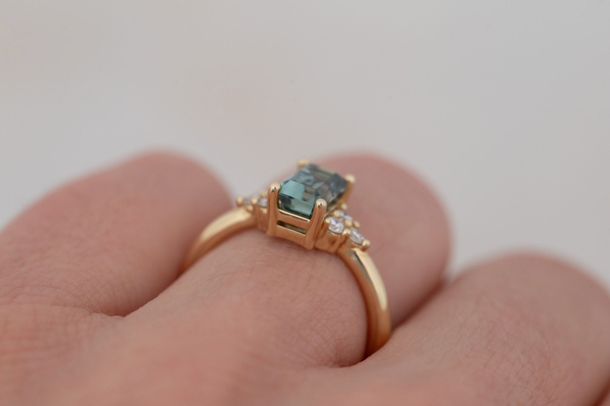 Verona Ring | Teal Emerald Cut Sapphire + Round Diamond Accents Engagement Ring 1.72 ct | 14k Recycled Gold | One of a Kind