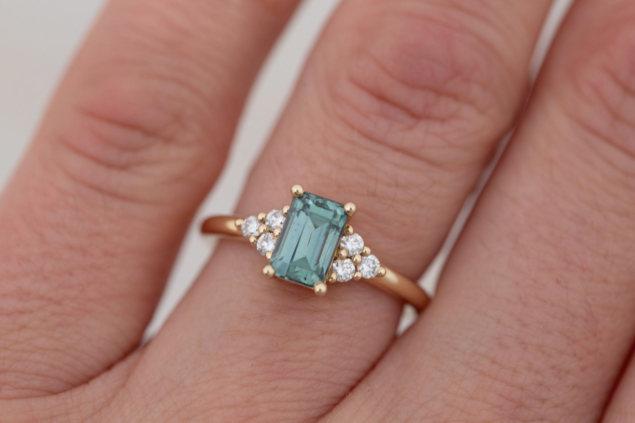 Verona Ring | Teal Emerald Cut Sapphire + Round Diamond Accents Engagement Ring 1.72 ct | 14k Recycled Gold | One of a Kind