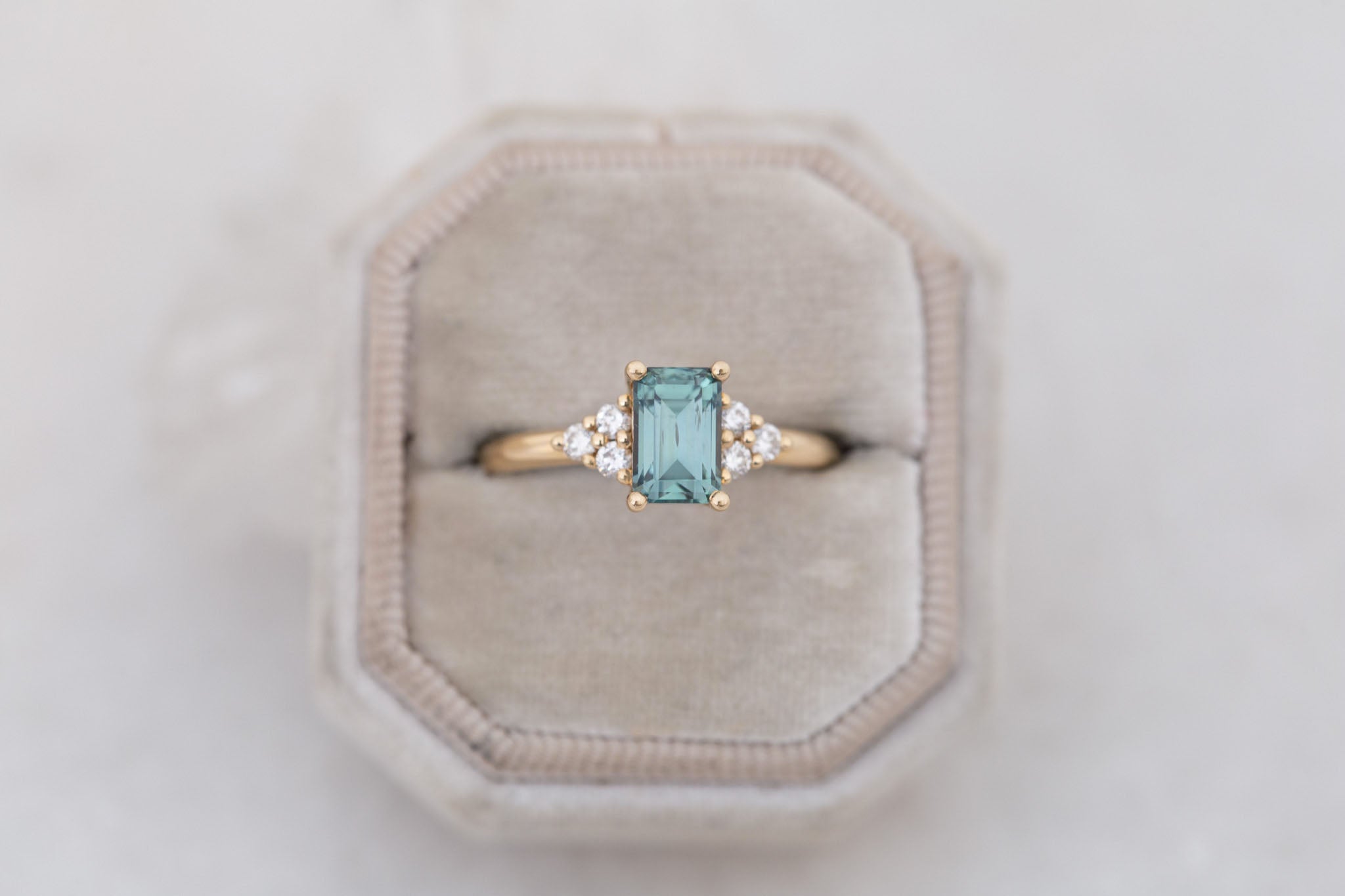 Verona Ring | Teal Emerald Cut Sapphire + Round Diamond Accents Engagement Ring 1.72 ct | 14k Recycled Gold | One of a Kind