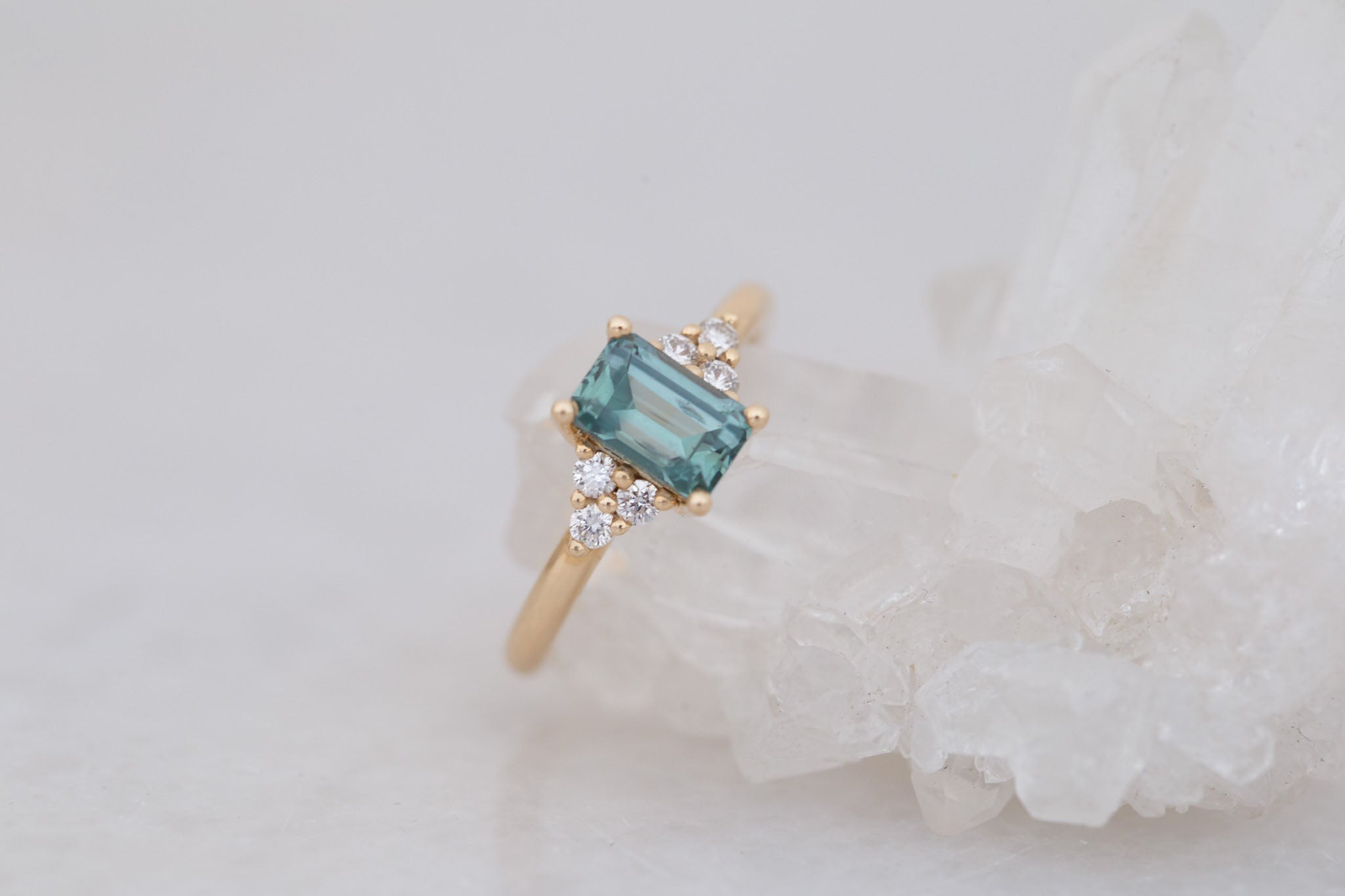 Verona Ring | Teal Emerald Cut Sapphire + Round Diamond Accents Engagement Ring 1.72 ct | 14k Recycled Gold | One of a Kind