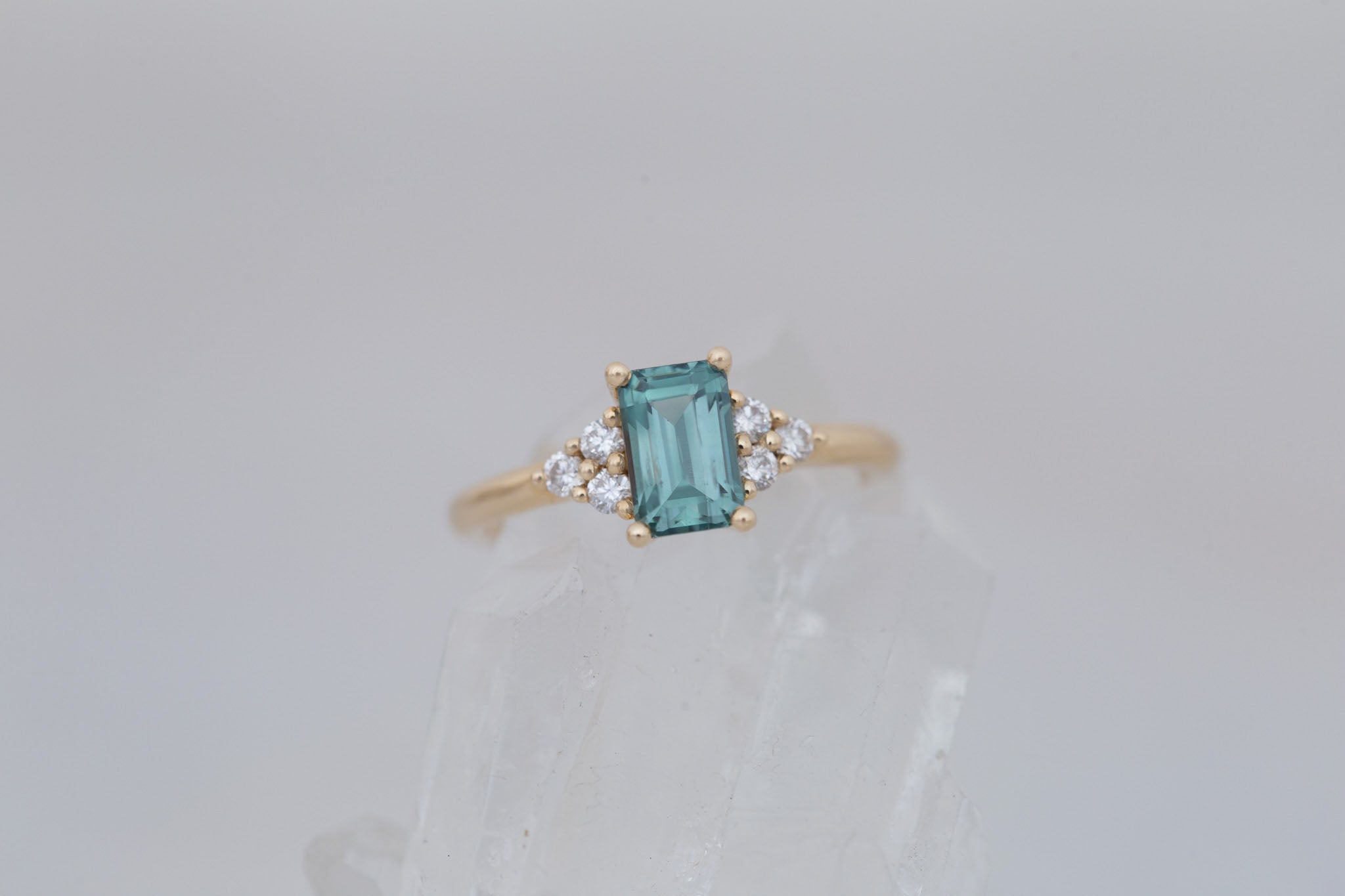Verona Ring | Teal Emerald Cut Sapphire + Round Diamond Accents Engagement Ring 1.72 ct | 14k Recycled Gold | One of a Kind