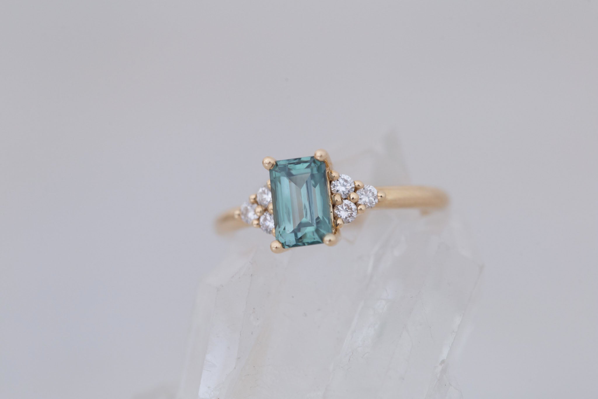 Verona Ring | Teal Emerald Cut Sapphire + Round Diamond Accents Engagement Ring 1.72 ct | 14k Recycled Gold | One of a Kind