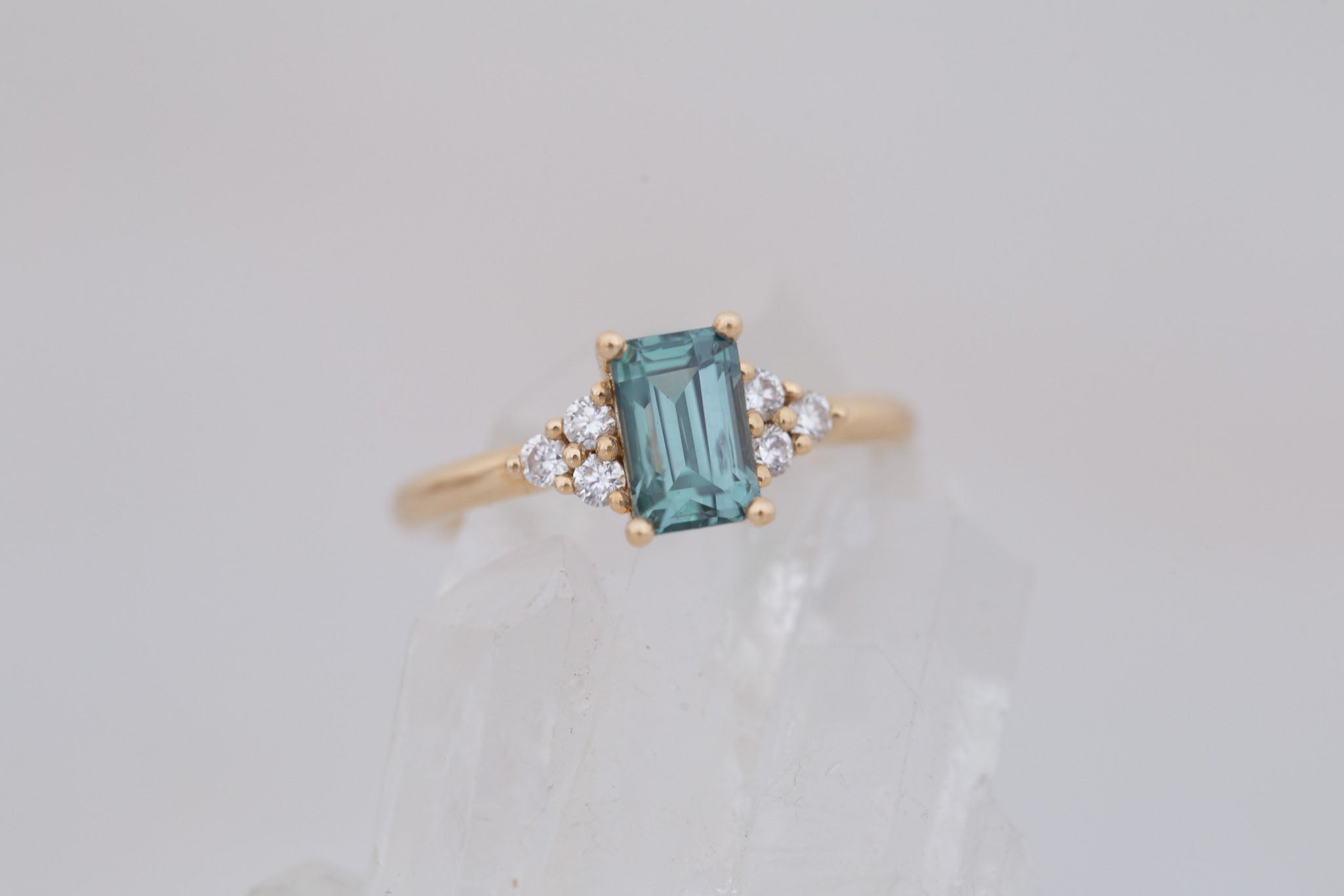 Verona Ring | Teal Emerald Cut Sapphire + Round Diamond Accents Engagement Ring 1.72 ct | 14k Recycled Gold | One of a Kind