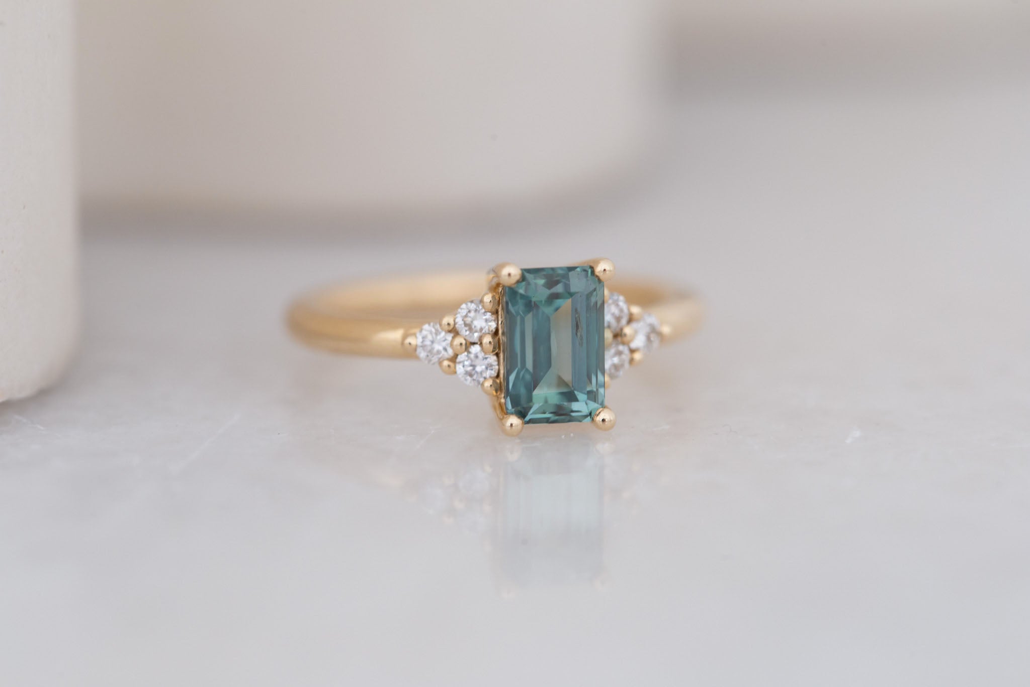 Verona Ring | Teal Emerald Cut Sapphire + Round Diamond Accents Engagement Ring 1.72 ct | 14k Recycled Gold | One of a Kind