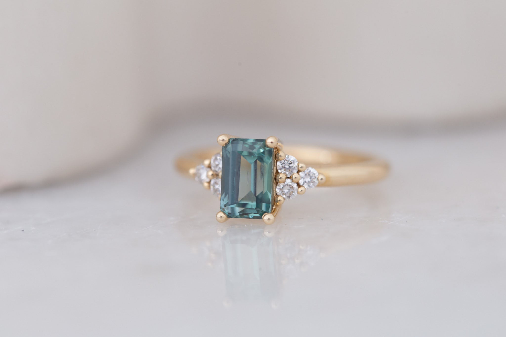 Verona Ring | Teal Emerald Cut Sapphire + Round Diamond Accents Engagement Ring 1.72 ct | 14k Recycled Gold | One of a Kind