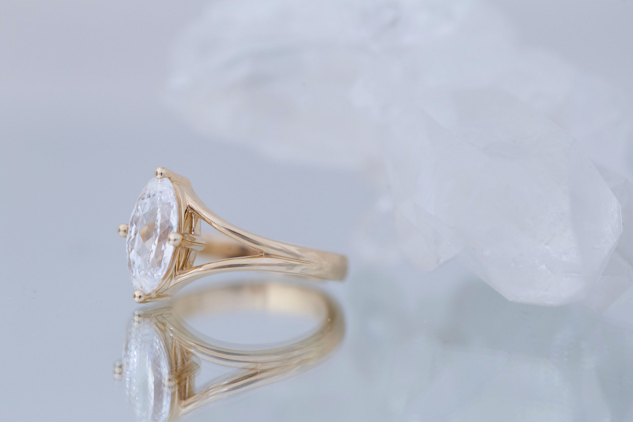 Merced Ring | Lab Moval Cut Split Shank Engagement Ring 1.73 ct | 14k Recycled Gold | One of a Kind