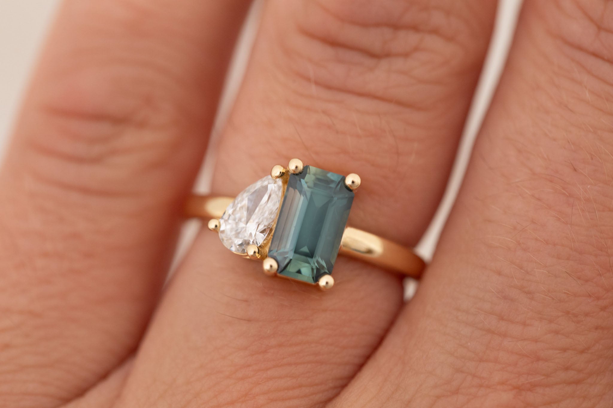 Liana Ring | Teal Emerald Cut Sapphire + Pear Cut Diamond Engagement Ring 1.75 ct | 14k Recycled Gold | One of a Kind
