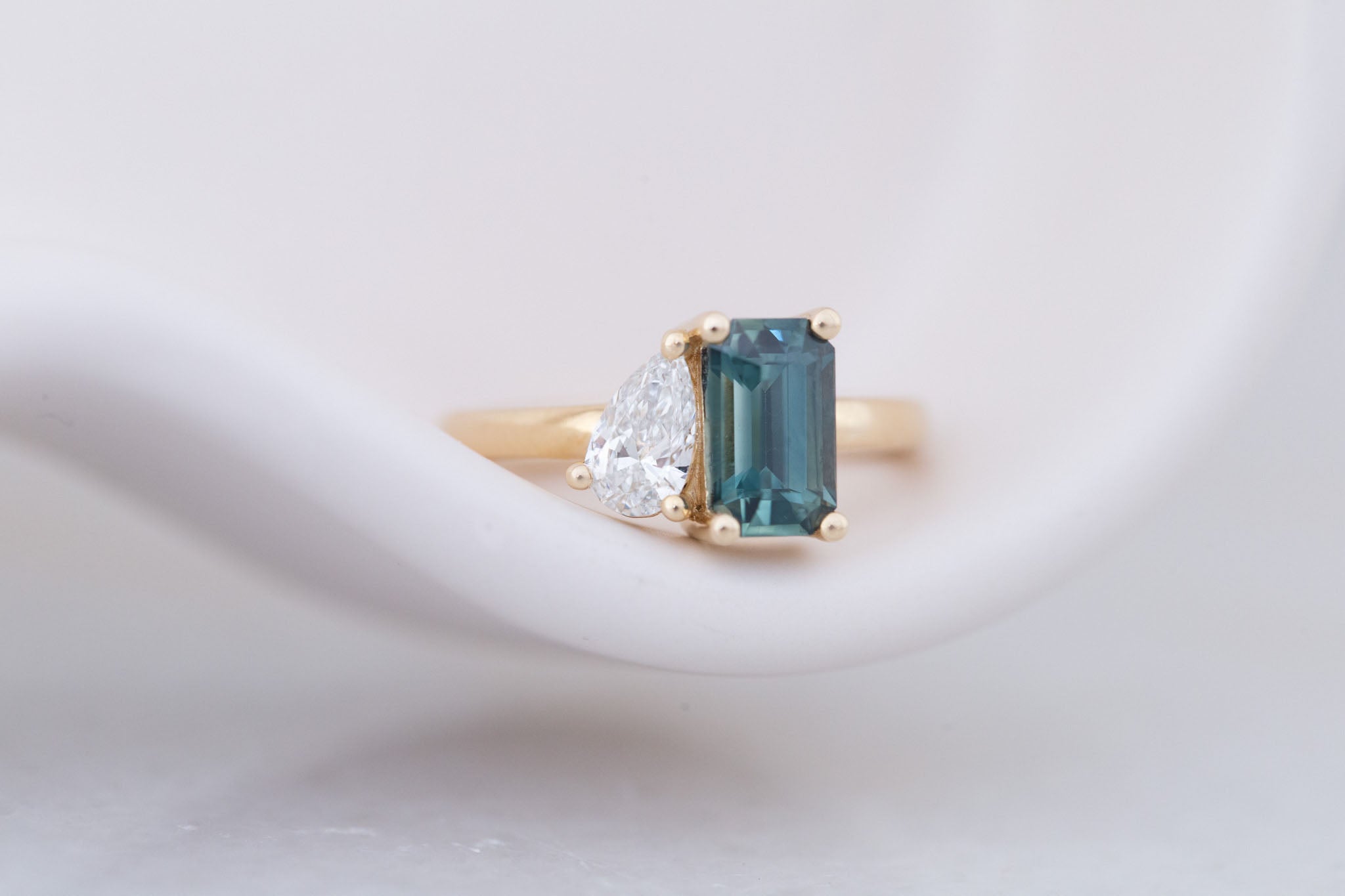 Liana Ring | Teal Emerald Cut Sapphire + Pear Cut Diamond Engagement Ring 1.75 ct | 14k Recycled Gold | One of a Kind