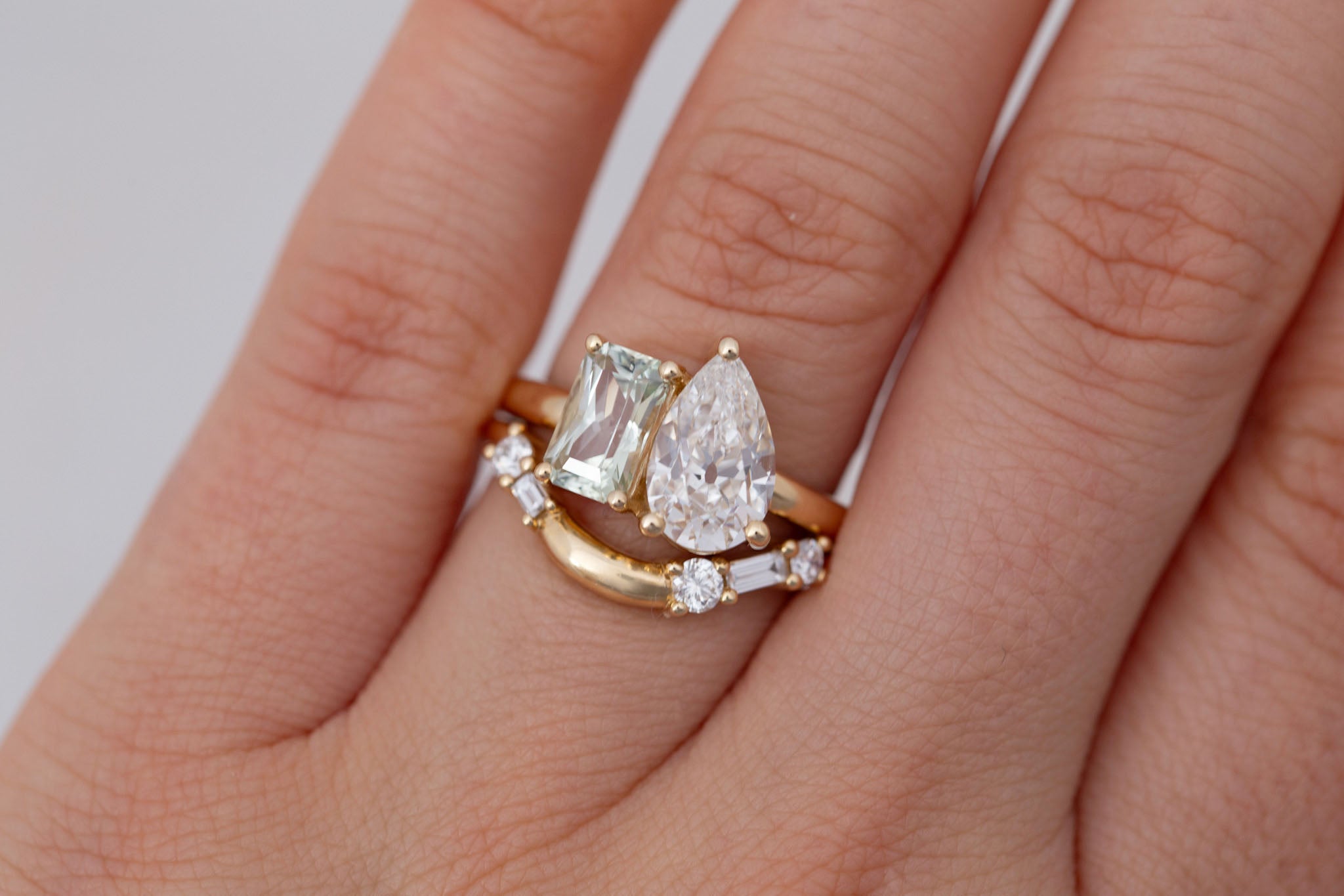 Liana Ring | Lab Pear Cut Diamond + Green Radiant Cut Sapphire Engagement Ring 1.74 ct + 1.32 | 14k Recycled Gold | One of a Kind