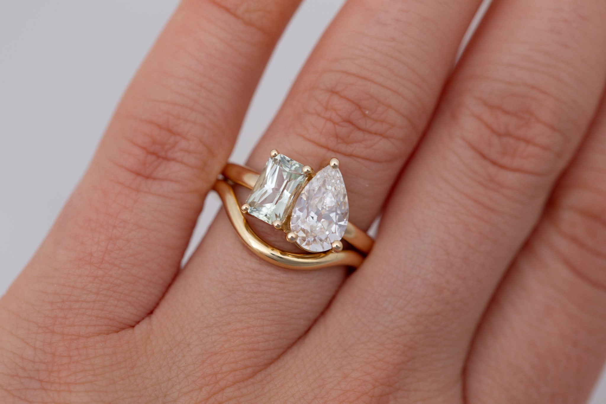 Liana Ring | Lab Pear Cut Diamond + Green Radiant Cut Sapphire Engagement Ring 1.74 ct + 1.32 | 14k Recycled Gold | One of a Kind