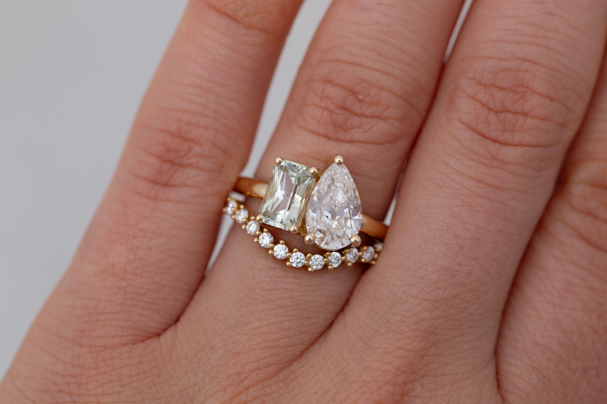 Liana Ring | Lab Pear Cut Diamond + Green Radiant Cut Sapphire Engagement Ring 1.74 ct + 1.32 | 14k Recycled Gold | One of a Kind