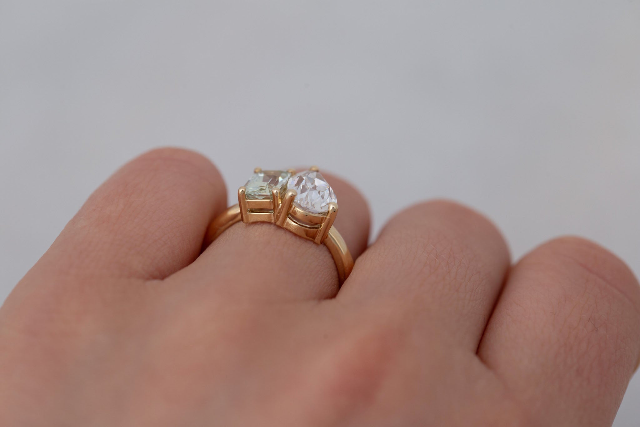 Liana Ring | Lab Pear Cut Diamond + Green Radiant Cut Sapphire Engagement Ring 1.74 ct + 1.32 | 14k Recycled Gold | One of a Kind