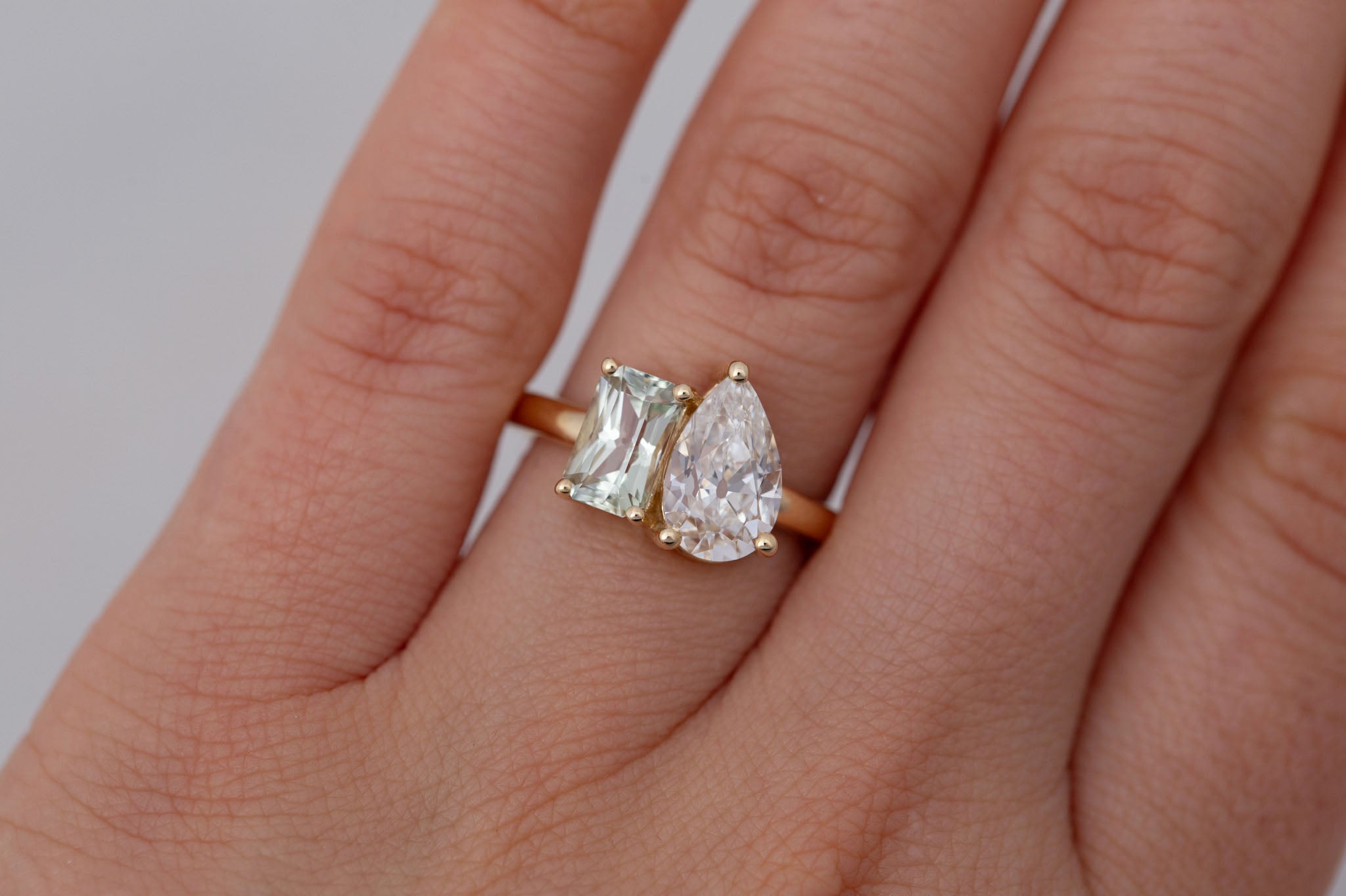 Liana Ring | Lab Pear Cut Diamond + Green Radiant Cut Sapphire Engagement Ring 1.74 ct + 1.32 | 14k Recycled Gold | One of a Kind