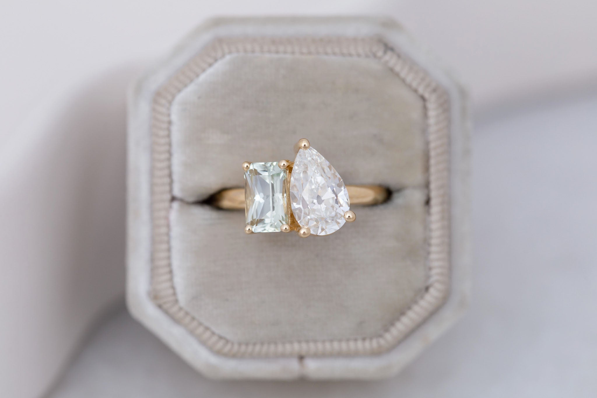 Liana Ring | Lab Pear Cut Diamond + Green Radiant Cut Sapphire Engagement Ring 1.74 ct + 1.32 | 14k Recycled Gold | One of a Kind