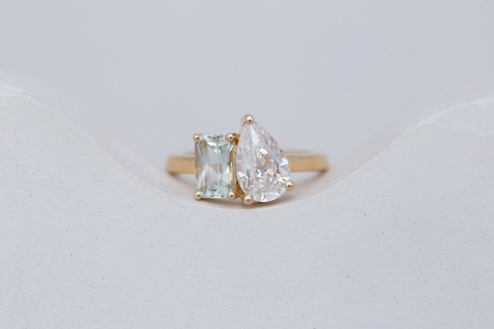 Liana Ring | Lab Pear Cut Diamond + Green Radiant Cut Sapphire Engagement Ring 1.74 ct + 1.32 | 14k Recycled Gold | One of a Kind