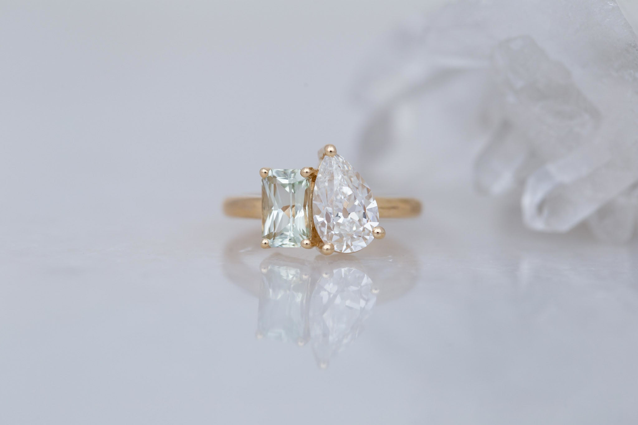 Liana Ring | Lab Pear Cut Diamond + Green Radiant Cut Sapphire Engagement Ring 1.74 ct + 1.32 | 14k Recycled Gold | One of a Kind