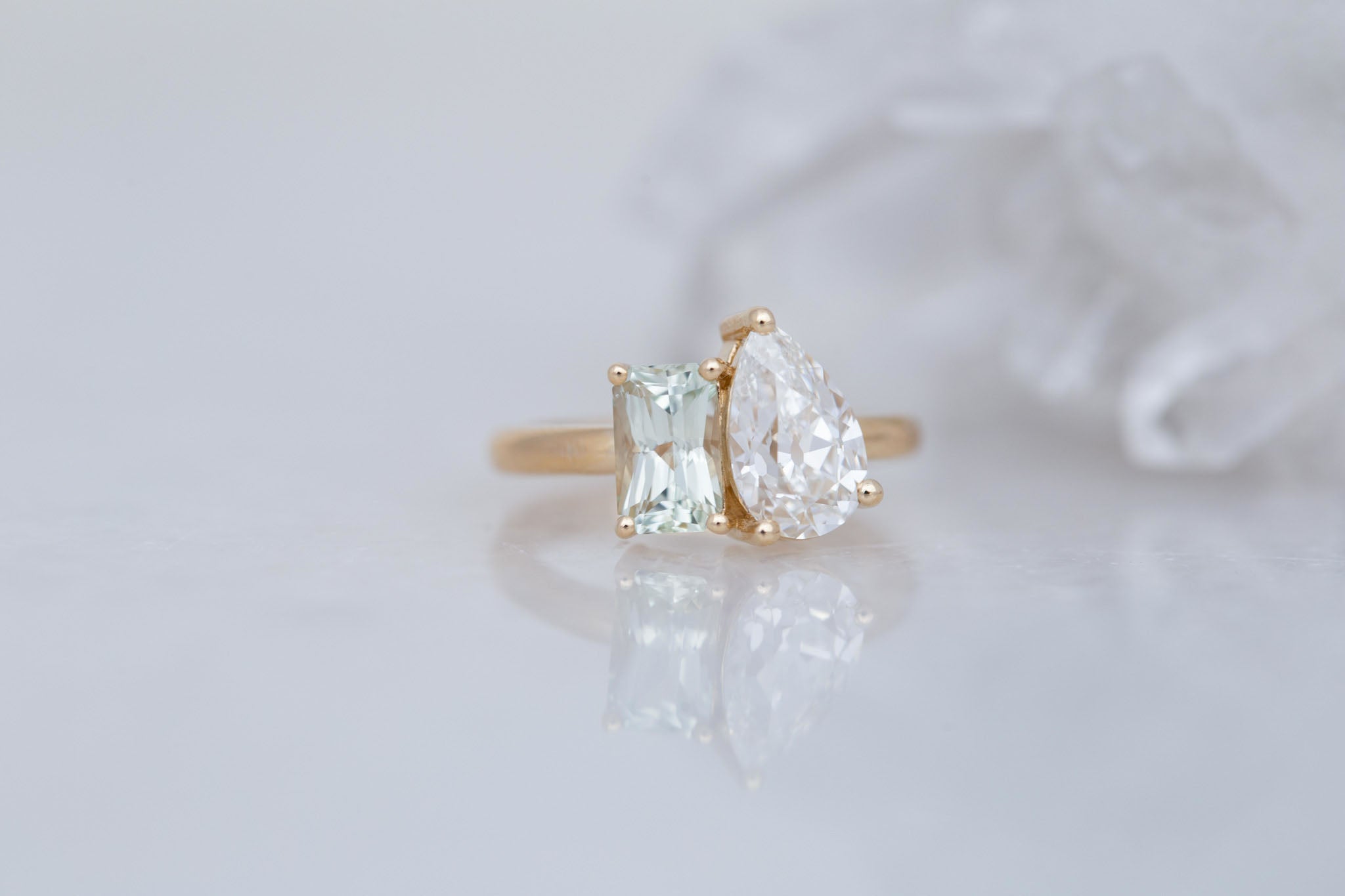 Liana Ring | Lab Pear Cut Diamond + Green Radiant Cut Sapphire Engagement Ring 1.74 ct + 1.32 | 14k Recycled Gold | One of a Kind