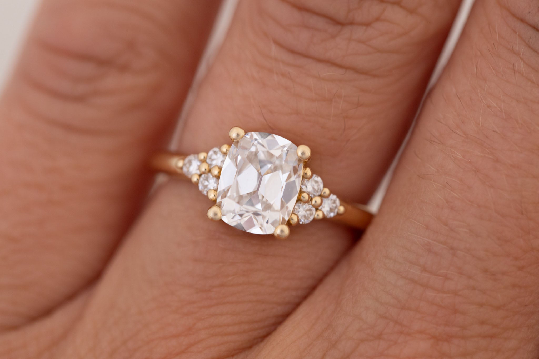 Verona Ring | Lab Antique Cushion Cut Diamond + Round Diamond Accents Engagement Ring 1.78 ct | 14k Recycled Gold | One of a Kind