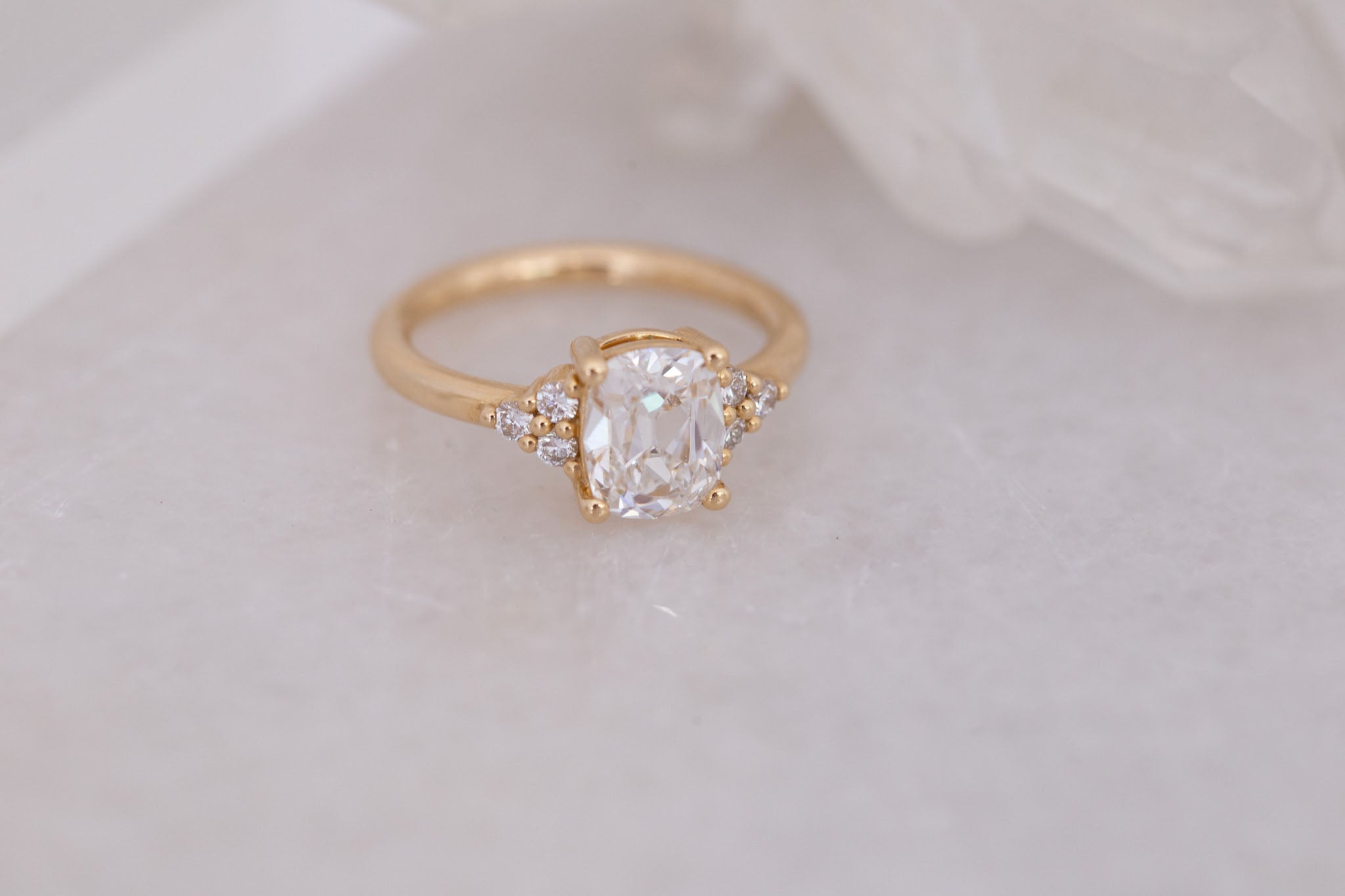 Verona Ring | Lab Antique Cushion Cut Diamond + Round Diamond Accents Engagement Ring 1.78 ct | 14k Recycled Gold | One of a Kind