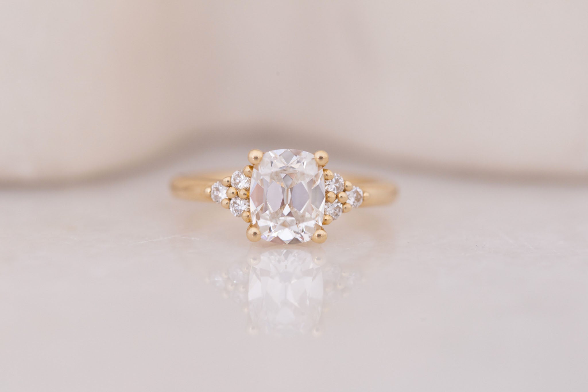 Verona Ring | Lab Antique Cushion Cut Diamond + Round Diamond Accents Engagement Ring 1.78 ct | 14k Recycled Gold | One of a Kind