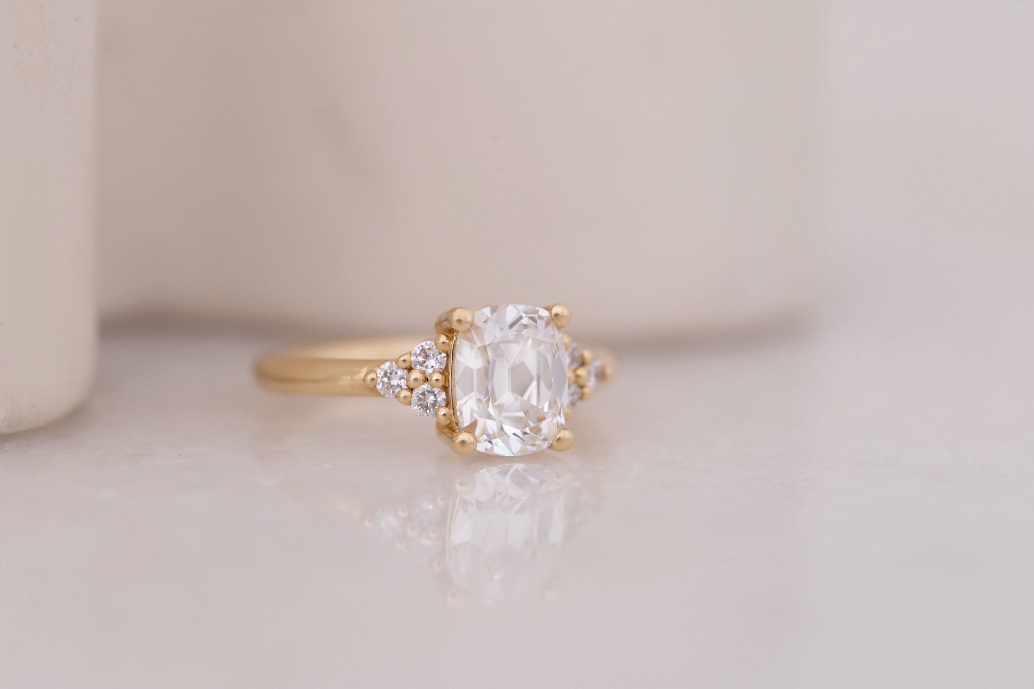 Verona Ring | Lab Antique Cushion Cut Diamond + Round Diamond Accents Engagement Ring 1.78 ct | 14k Recycled Gold | One of a Kind