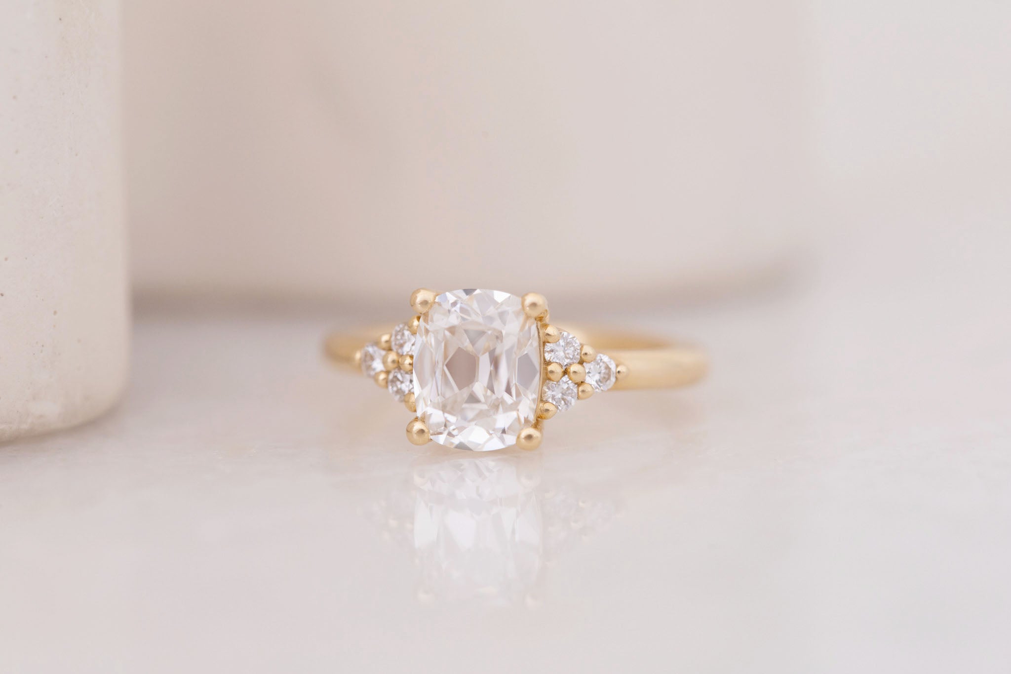 Verona Ring | Lab Antique Cushion Cut Diamond + Round Diamond Accents Engagement Ring 1.78 ct | 14k Recycled Gold | One of a Kind