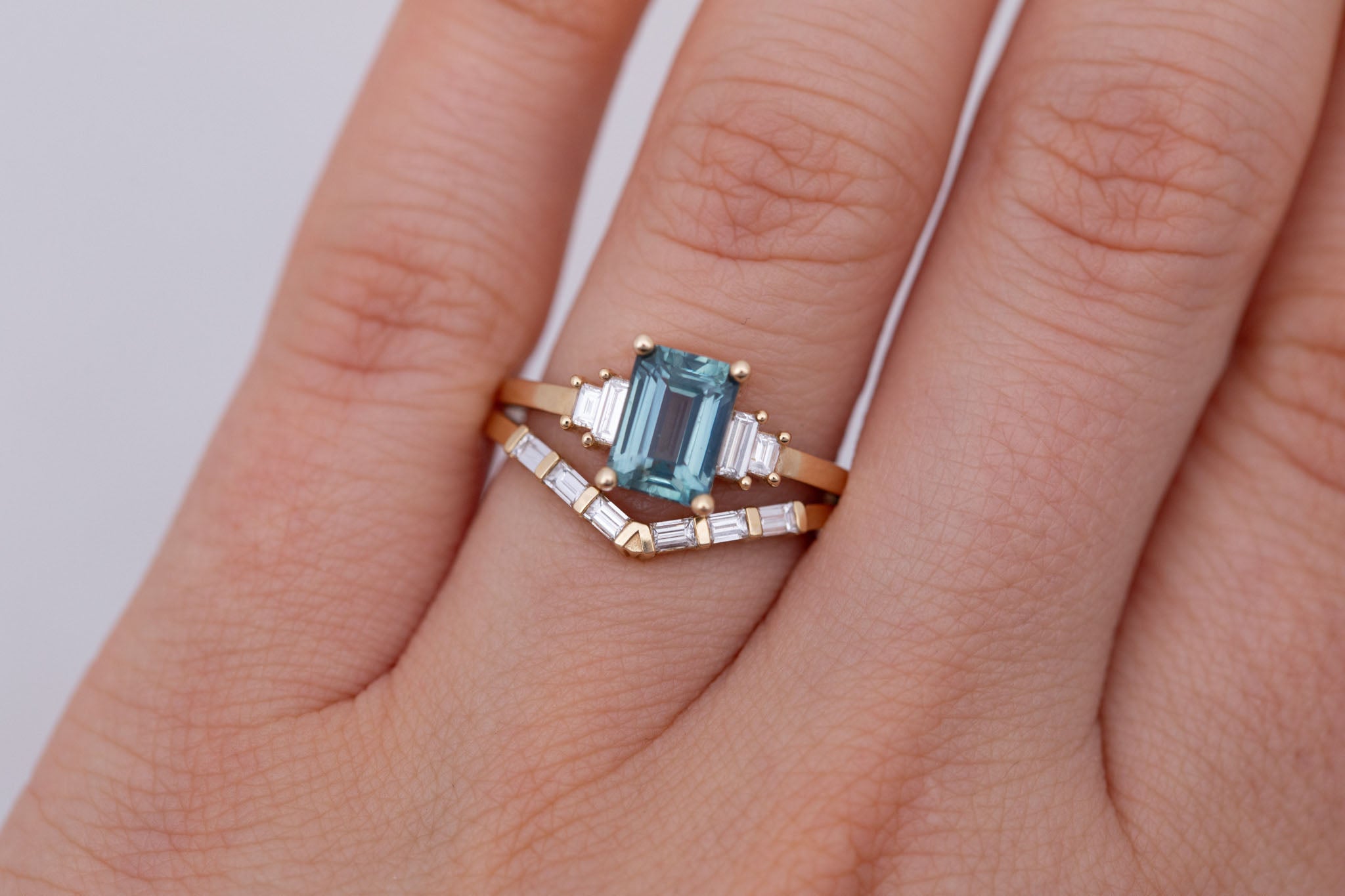 Ash Ring | Teal Montana Emerald Cut Sapphire + Diamond Baguette Engagement Ring 1.78 ct | 14k Recycled Gold | One of a Kind
