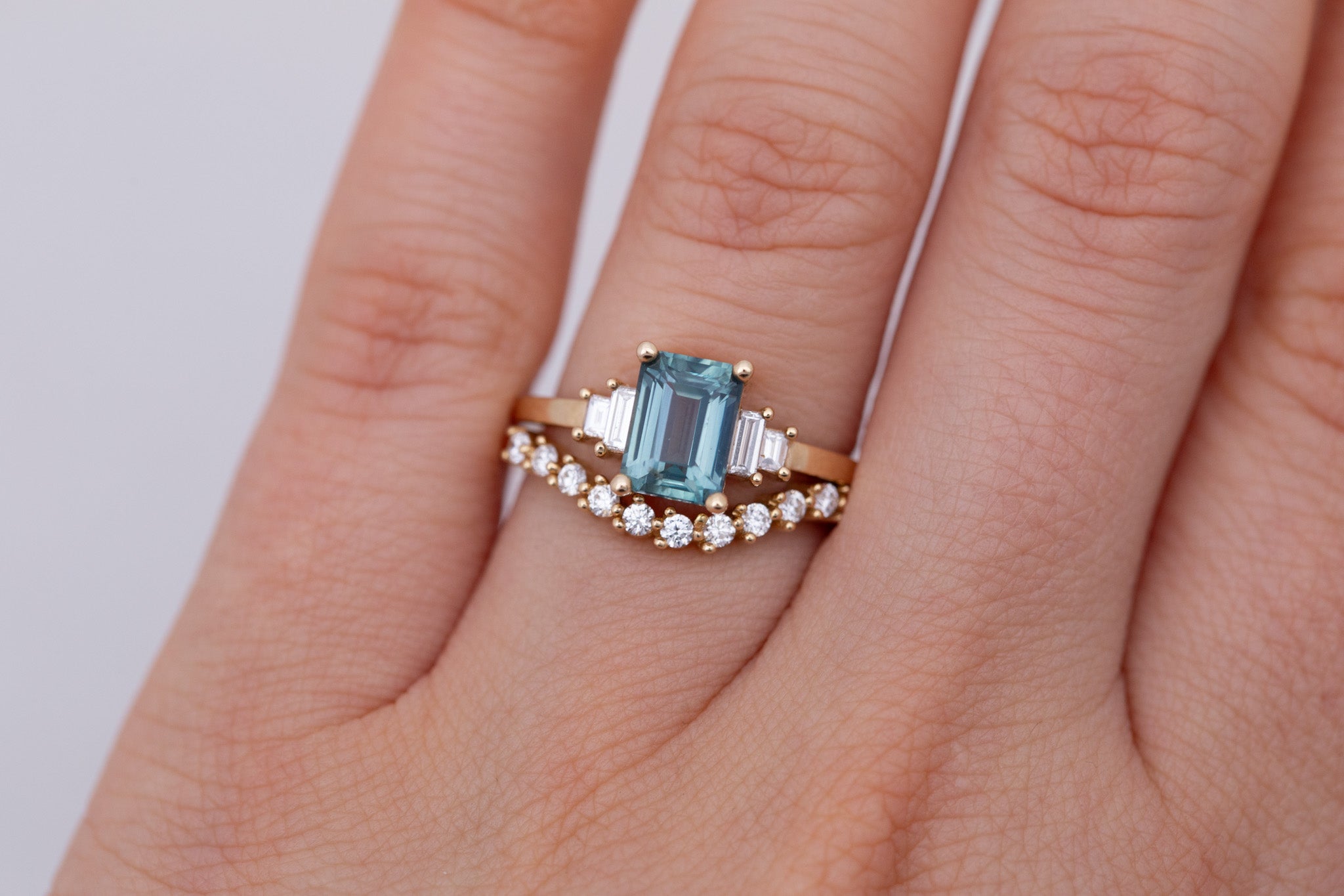 Ash Ring | Teal Montana Emerald Cut Sapphire + Diamond Baguette Engagement Ring 1.78 ct | 14k Recycled Gold | One of a Kind