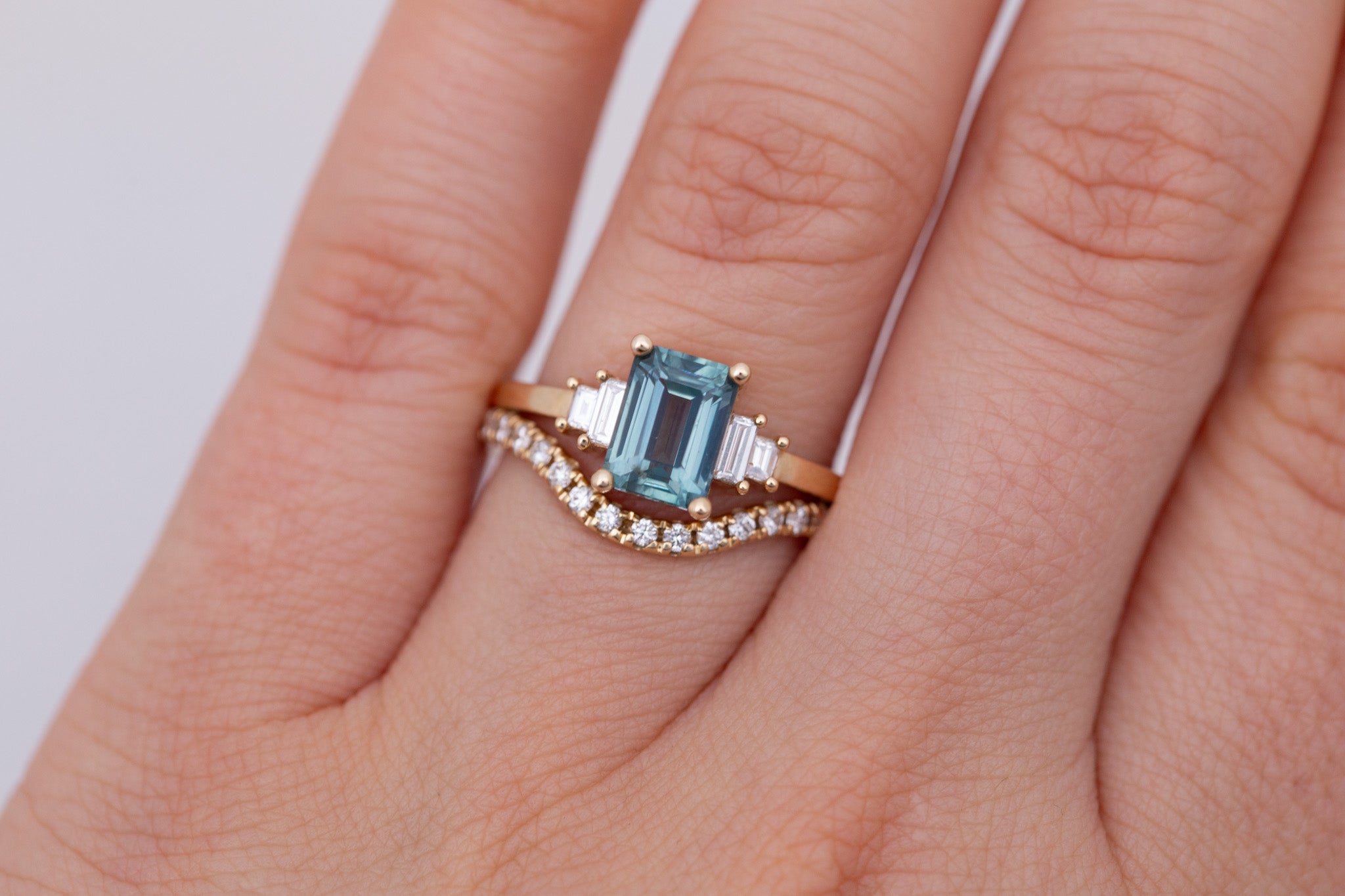 Ash Ring | Teal Montana Emerald Cut Sapphire + Diamond Baguette Engagement Ring 1.78 ct | 14k Recycled Gold | One of a Kind