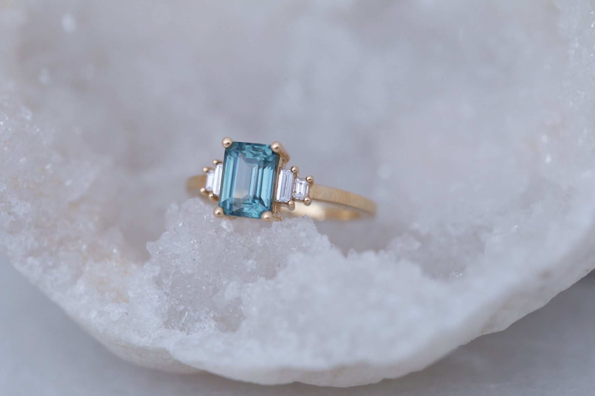 Ash Ring | Teal Montana Emerald Cut Sapphire + Diamond Baguette Engagement Ring 1.78 ct | 14k Recycled Gold | One of a Kind