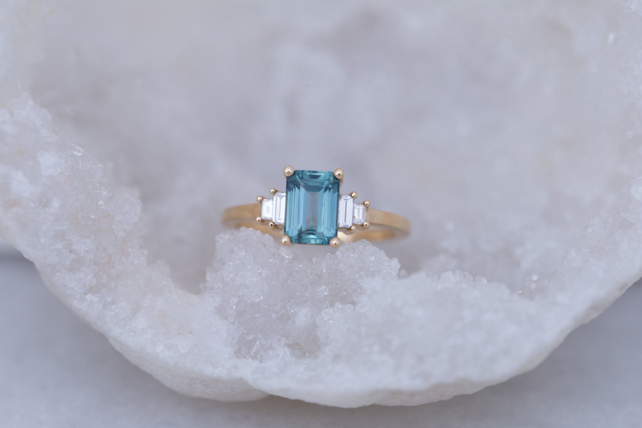 Ash Ring | Teal Montana Emerald Cut Sapphire + Diamond Baguette Engagement Ring 1.78 ct | 14k Recycled Gold | One of a Kind