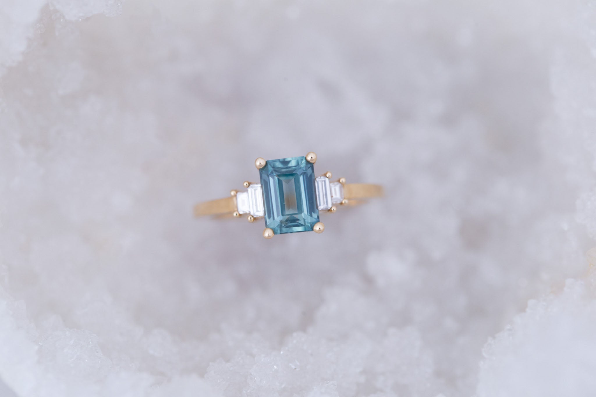 Ash Ring | Teal Montana Emerald Cut Sapphire + Diamond Baguette Engagement Ring 1.78 ct | 14k Recycled Gold | One of a Kind