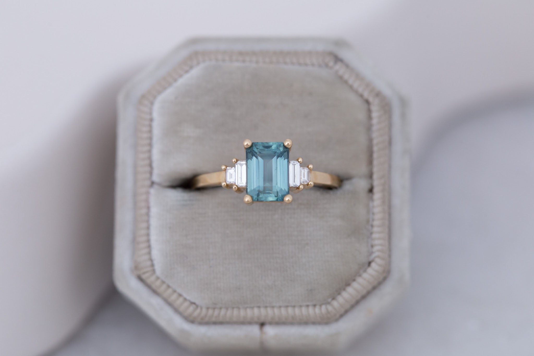Ash Ring | Teal Montana Emerald Cut Sapphire + Diamond Baguette Engagement Ring 1.78 ct | 14k Recycled Gold | One of a Kind