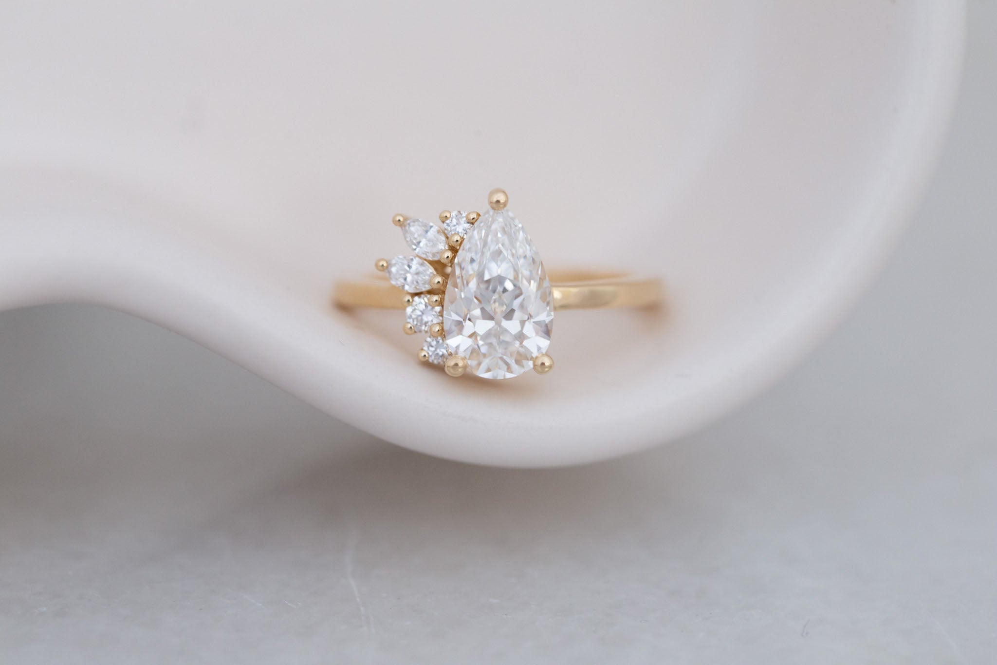Dahlia Ring | Lab Antique Pear Cut Diamond + Diamond Cluster Engagement Ring 1.82 ct | 14k Recycled Gold | One of a Kind