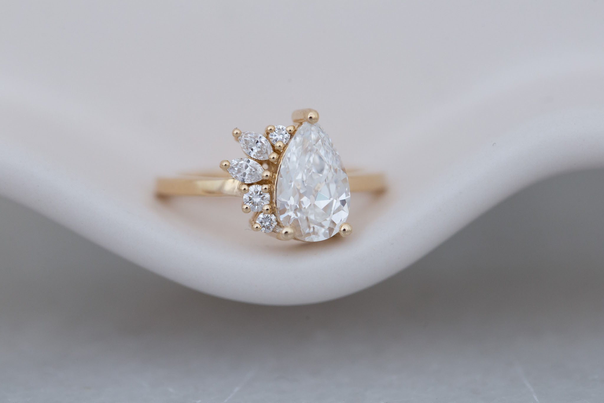 Dahlia Ring | Lab Antique Pear Cut Diamond + Diamond Cluster Engagement Ring 1.82 ct | 14k Recycled Gold | One of a Kind