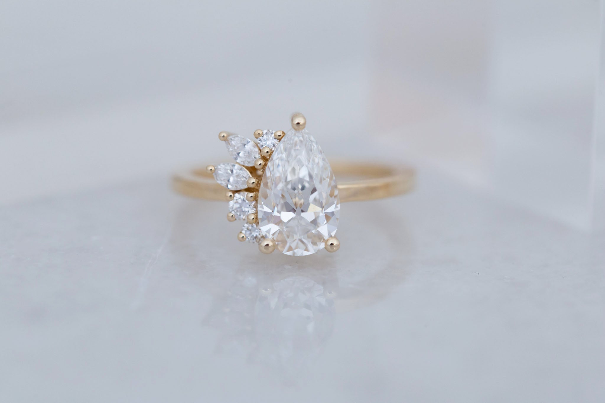 Dahlia Ring | Lab Antique Pear Cut Diamond + Diamond Cluster Engagement Ring 1.82 ct | 14k Recycled Gold | One of a Kind
