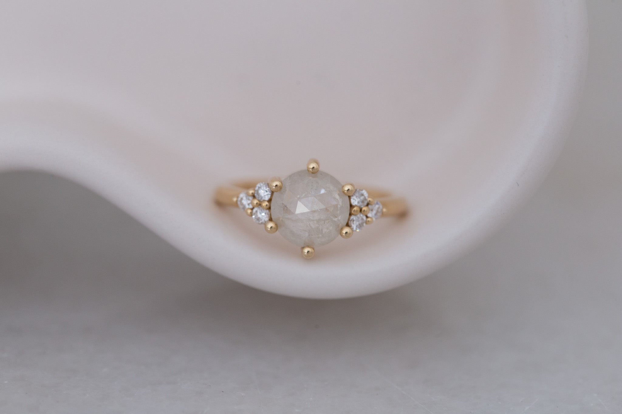 Verona Ring | Silver Rose Cut Diamond + Round Diamond Accents Engagement Ring 1.82 ct | 14k Recycled Gold | One of a Kind