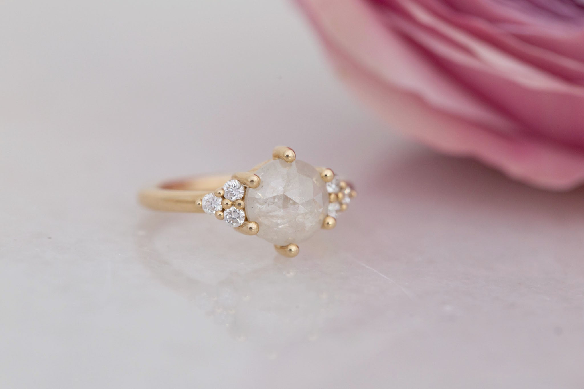 Verona Ring | Silver Rose Cut Diamond + Round Diamond Accents Engagement Ring 1.82 ct | 14k Recycled Gold | One of a Kind