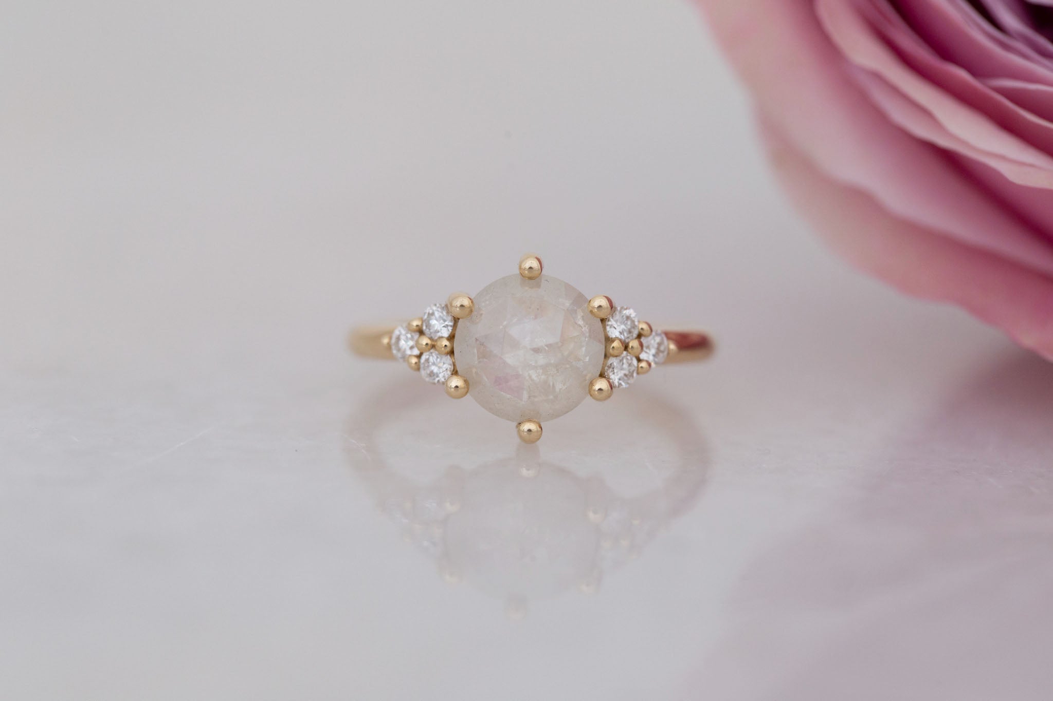 Verona Ring | Silver Rose Cut Diamond + Round Diamond Accents Engagement Ring 1.82 ct | 14k Recycled Gold | One of a Kind