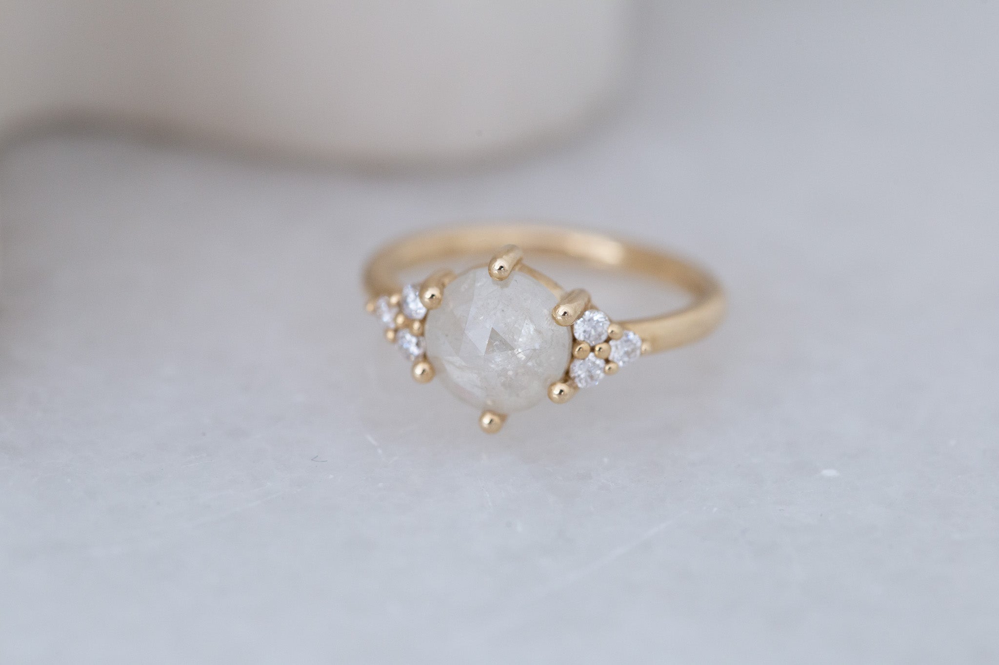Verona Ring | Silver Rose Cut Diamond + Round Diamond Accents Engagement Ring 1.82 ct | 14k Recycled Gold | One of a Kind
