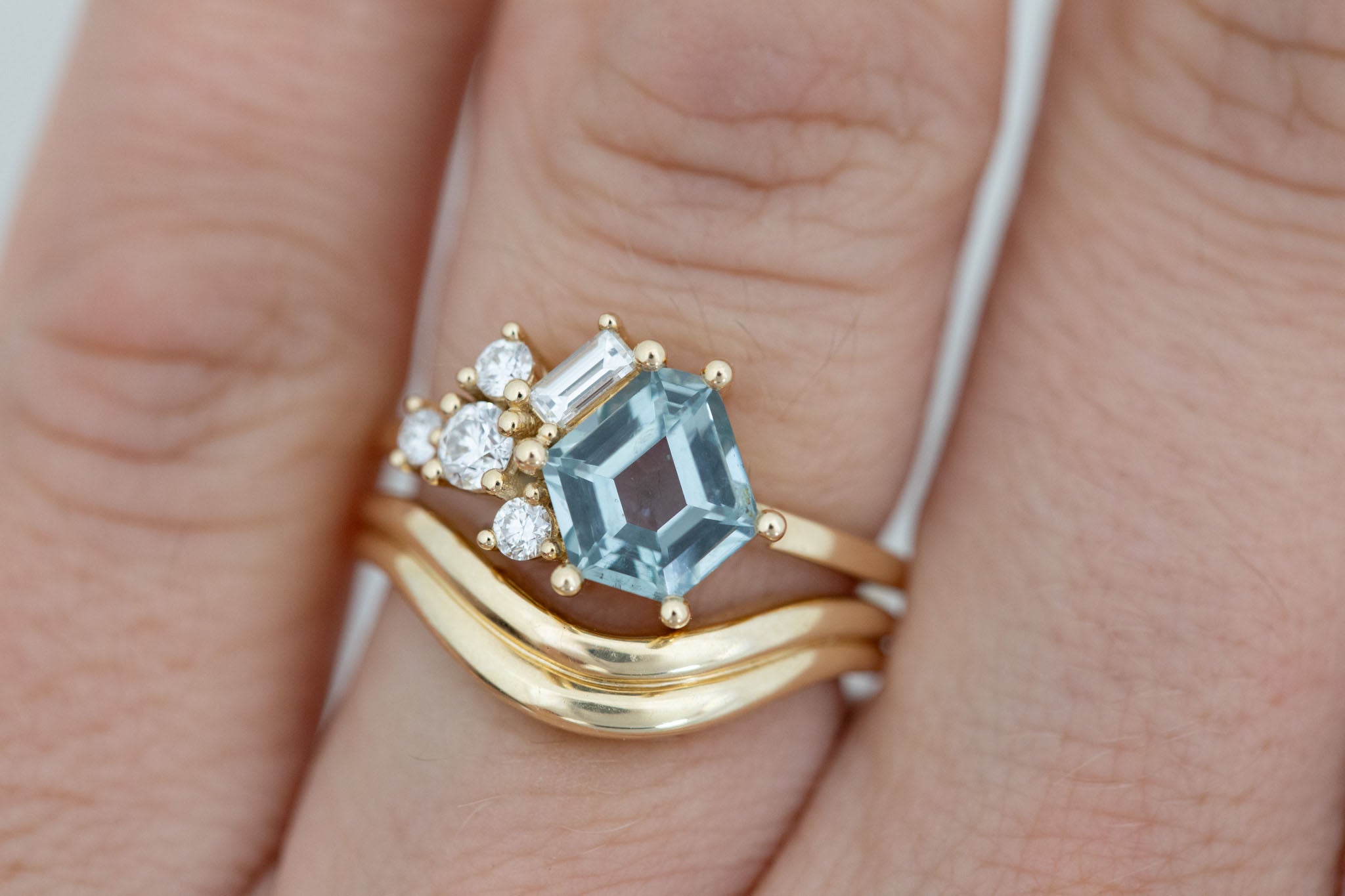 Indra Ring | Mint Hexagonal Montana Sapphire + Diamond Cluster Engagement Ring 1.82 ct | 14k Recycled Gold | One of a Kind