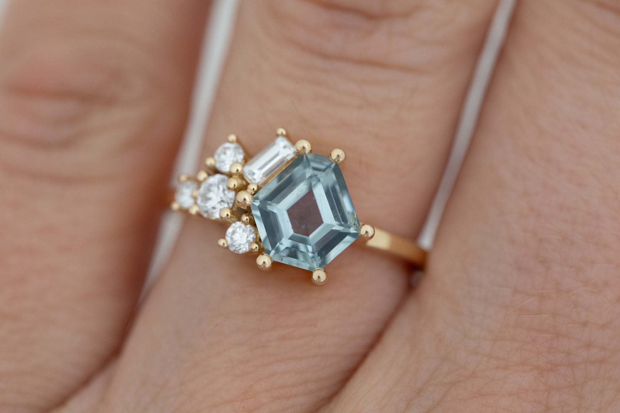 Indra Ring | Mint Hexagonal Montana Sapphire + Diamond Cluster Engagement Ring 1.82 ct | 14k Recycled Gold | One of a Kind
