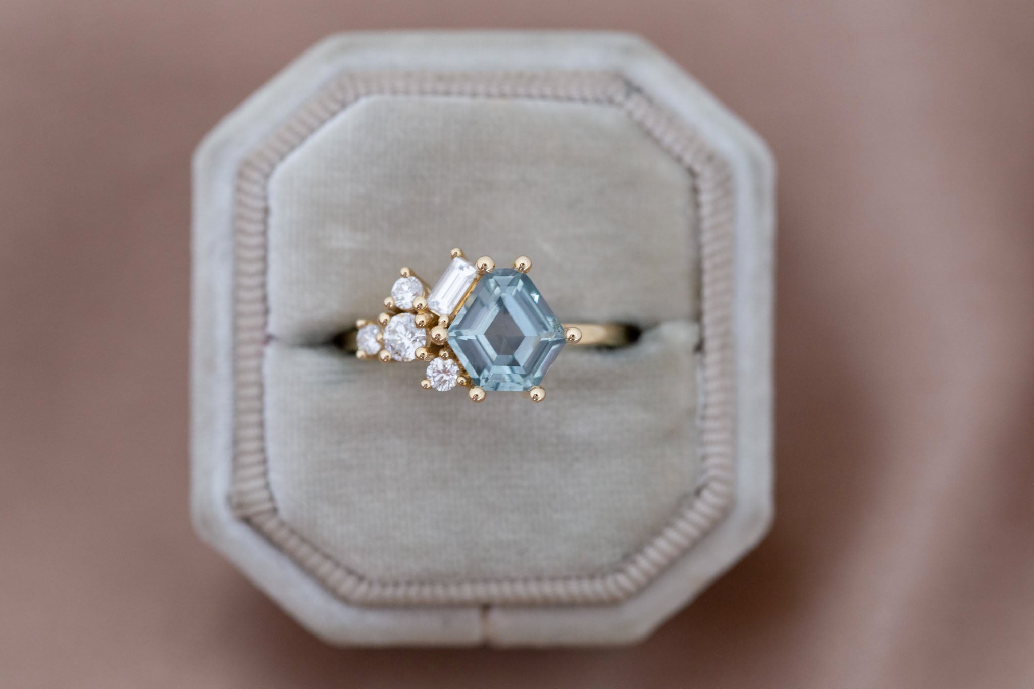 Indra Ring | Mint Hexagonal Montana Sapphire + Diamond Cluster Engagement Ring 1.82 ct | 14k Recycled Gold | One of a Kind