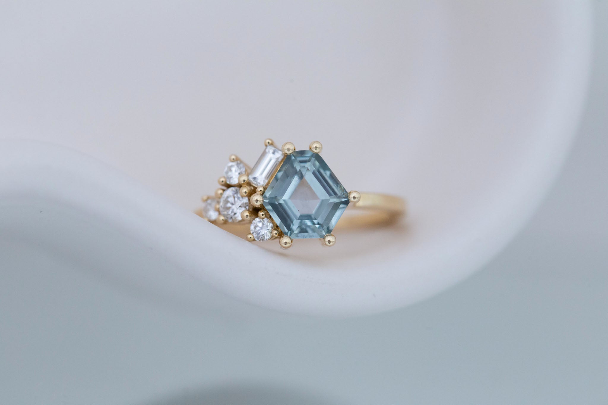 Indra Ring | Mint Hexagonal Montana Sapphire + Diamond Cluster Engagement Ring 1.82 ct | 14k Recycled Gold | One of a Kind