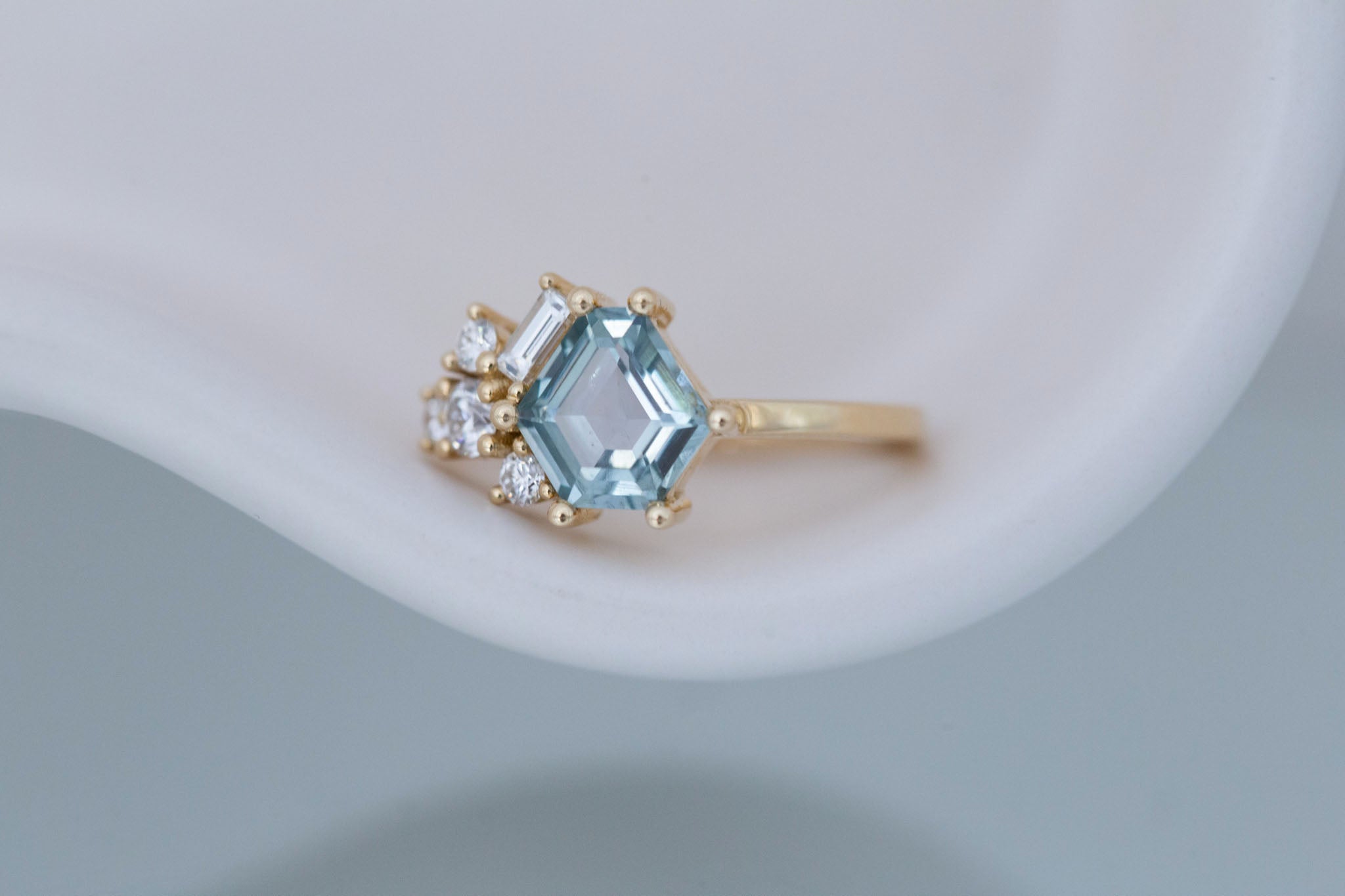 Indra Ring | Mint Hexagonal Montana Sapphire + Diamond Cluster Engagement Ring 1.82 ct | 14k Recycled Gold | One of a Kind