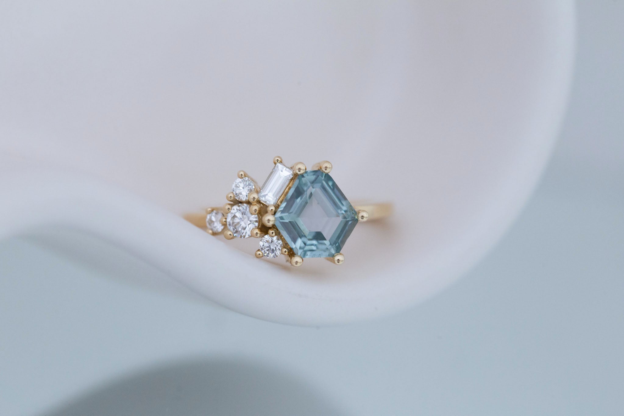 Indra Ring | Mint Hexagonal Montana Sapphire + Diamond Cluster Engagement Ring 1.82 ct | 14k Recycled Gold | One of a Kind