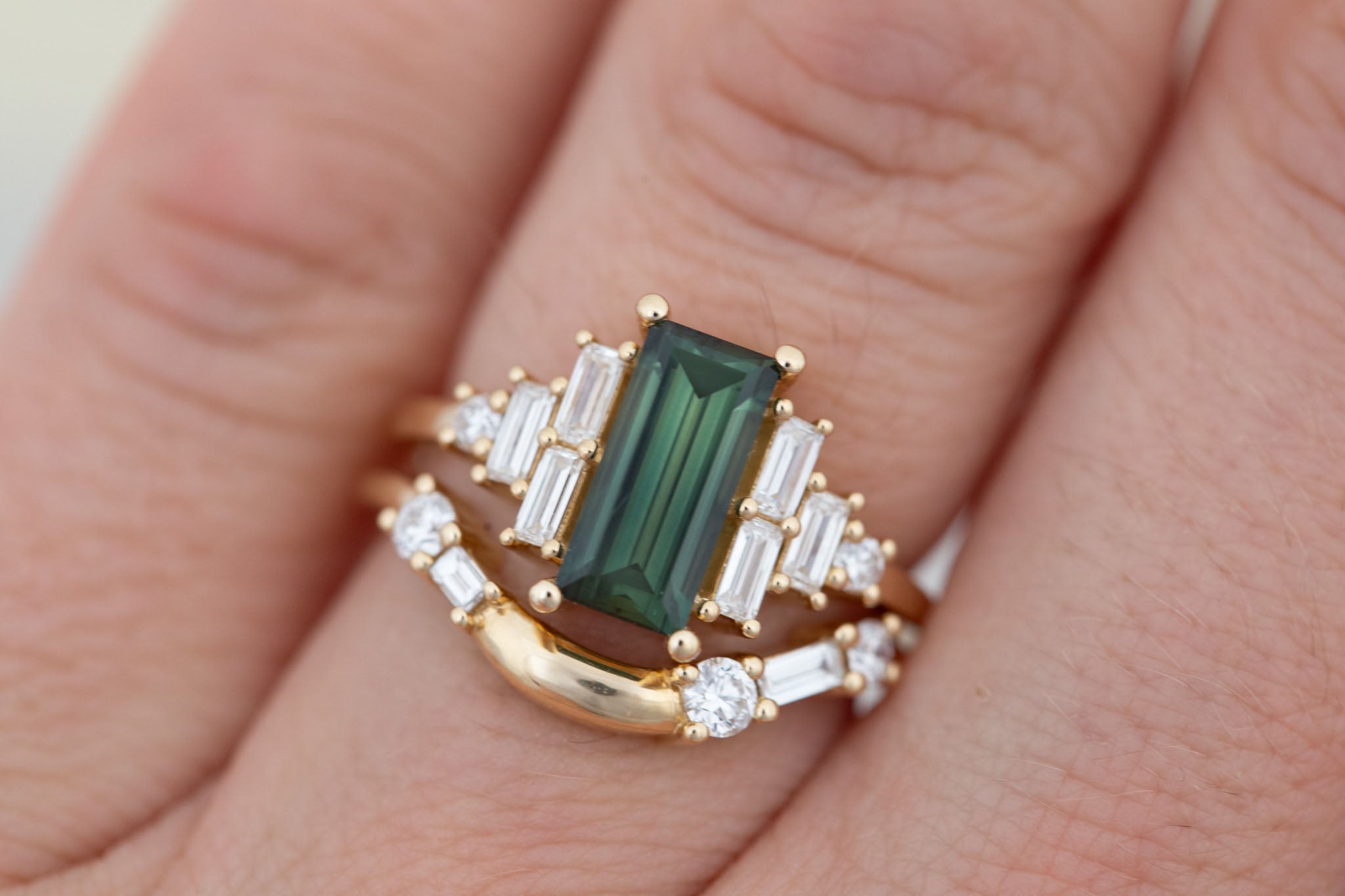 Delta Ring | Green Sapphire + Diamond Cluster Engagement Ring 1.87 ct | 14k Recycled Gold | One of a Kind